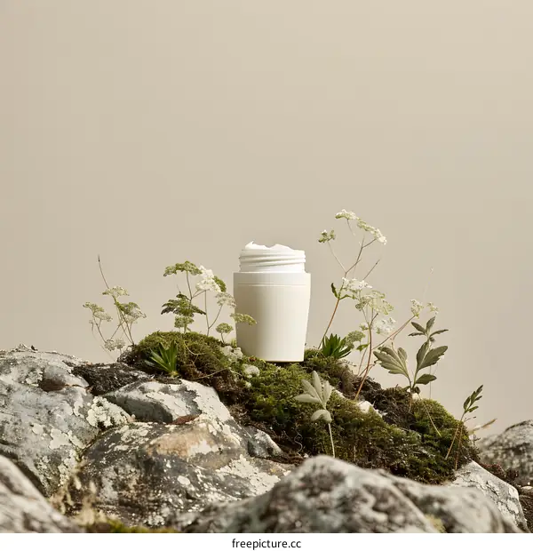 Natural Skin Care Cream Jar on Rocks with Green Moss and White Flowers