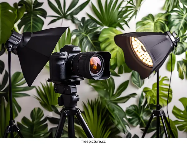 Canon Camera With Lighting Setup On Tripod Against Tropical Leaves Background