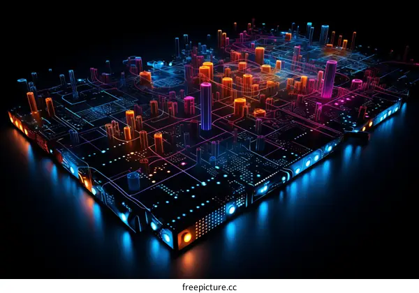 A glowing city of skyscrapers at night