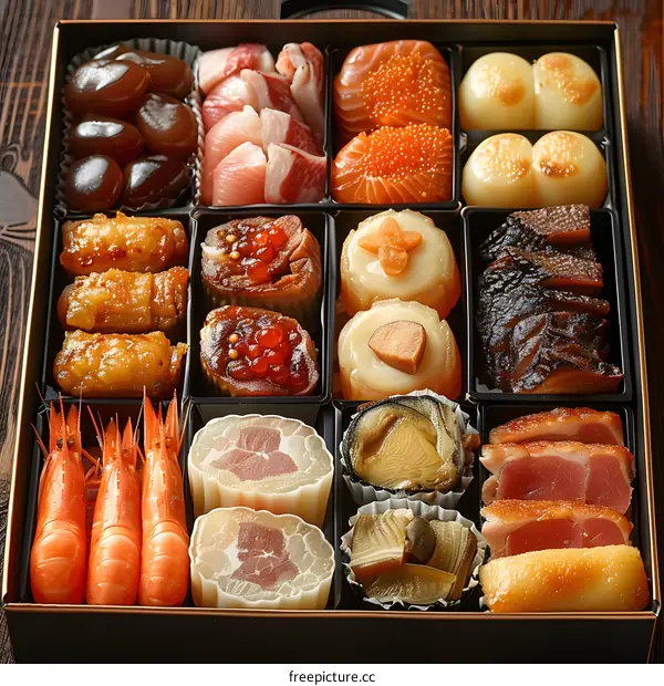 A osechi box filled with traditional Japanese New Year foods