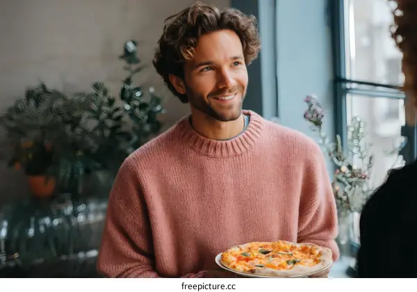 Man Offering Pizza in Casual Setting