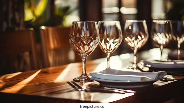 Elegant restaurant table setting with wine glasses