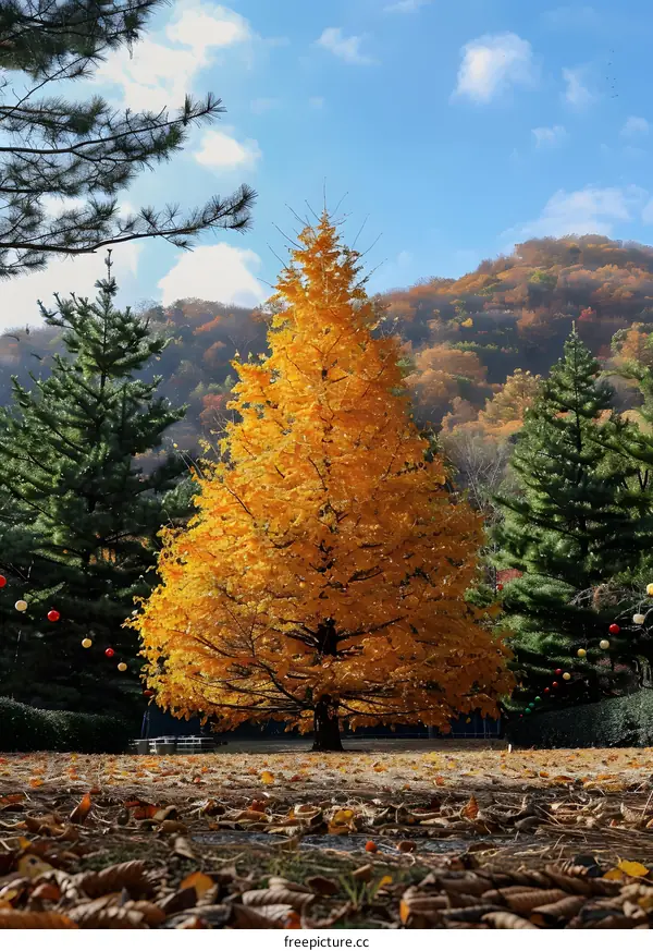 Golden Tree in Autumn Landscape