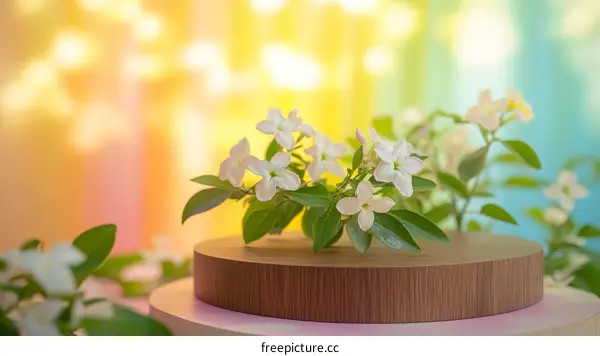 Delicate White Flowers on Wooden Display Platform