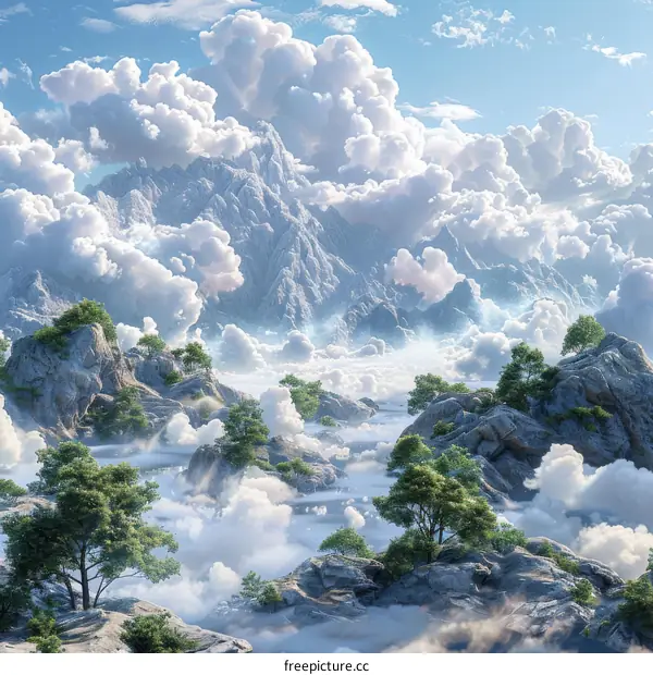 Mountain Landscape with Clouds and Trees