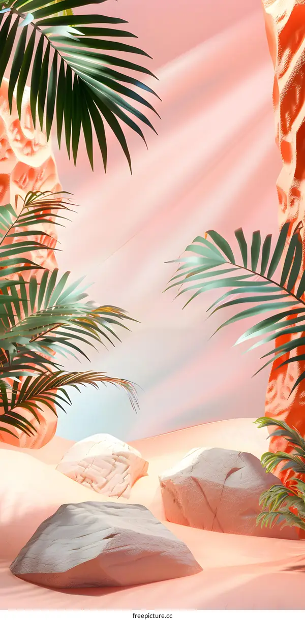 Minimalist Tropical Scene with Palm Leaves and Rocks on Peach Background