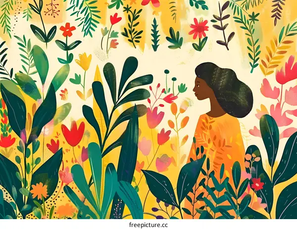 Woman in Garden with Flowers and Greenery