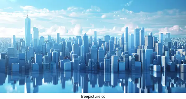 A cityscape with towering blue buildings overlooking the bay