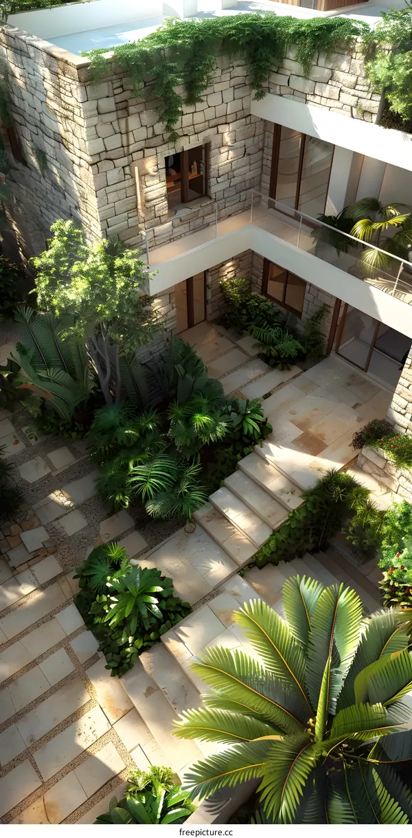 Courtyard of a Modern Home With Stone Walls and Tropical Plants