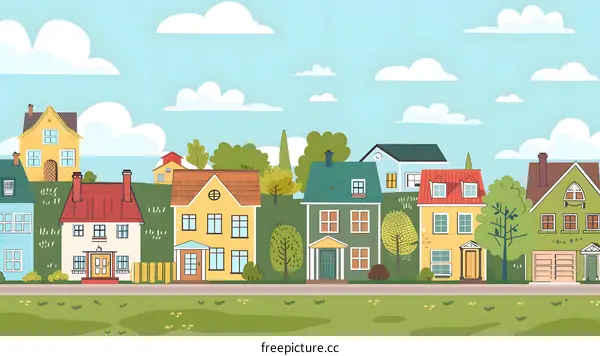 Cute Cartoon Illustration Of Colorful Houses In A Row With Green Grass And Blue Sky