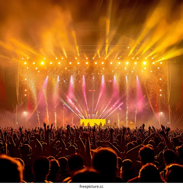Large crowd of people at a concert with their hands raised in the air