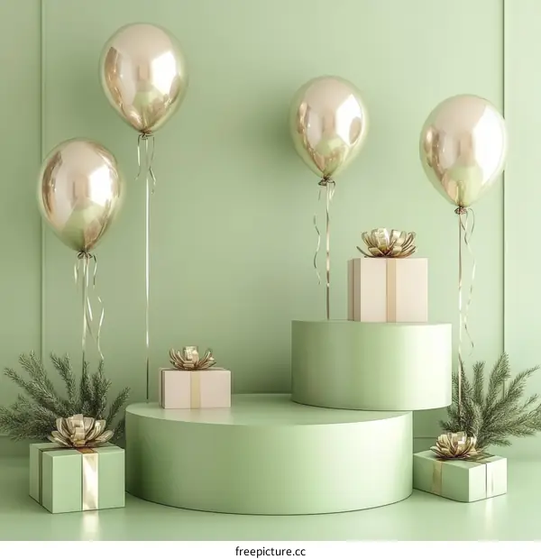 Elegant Green Gift Scene with Balloons