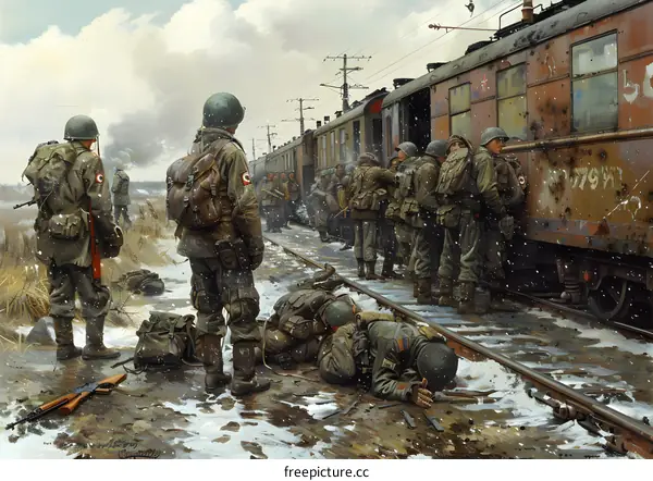 American Soldiers Disembarking From a Train During the Korean War