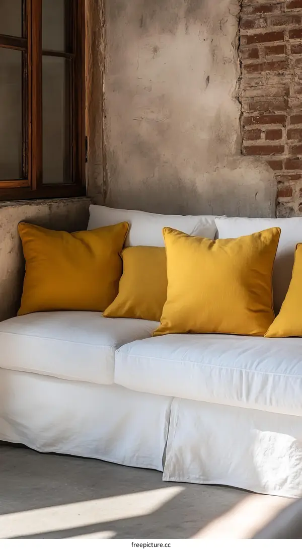 White Sofa with Mustard Yellow Cushions in a Rustic Interior
