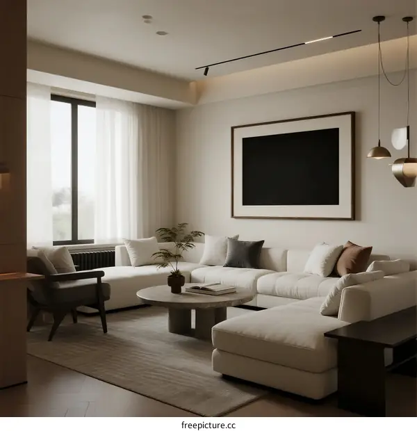Modern Minimalist Living Room with Large Sofa and Natural Light
