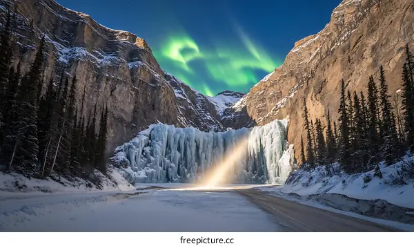 Frozen Waterfall Under Northern Lights