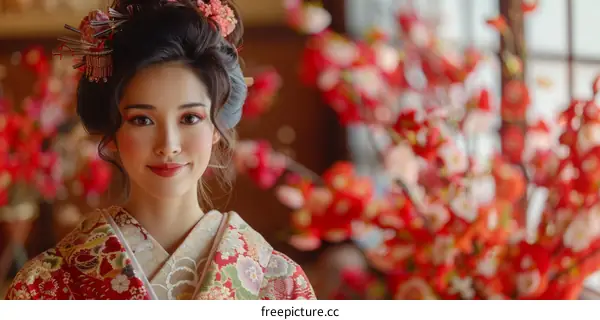 Portrait of a beautiful Japanese woman in traditional kimono