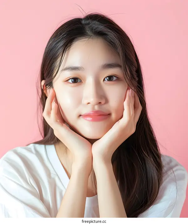 Portrait of a Young Asian Woman with Long Hair Posing on a Pink Background