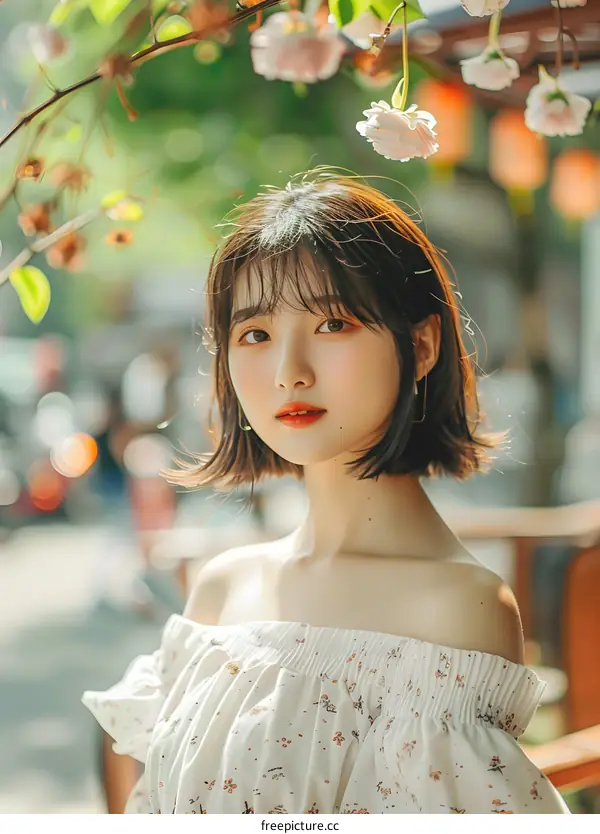 Beautiful Asian Woman with Flowers in Her Hair