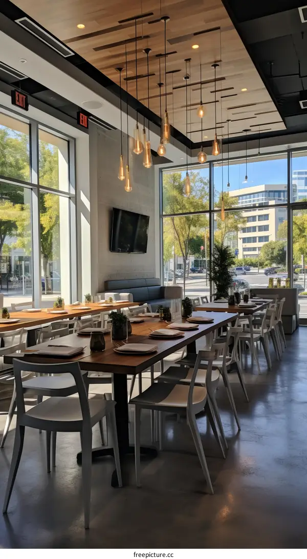 Modern Restaurant Interior with Large Windows and Wooden Tables