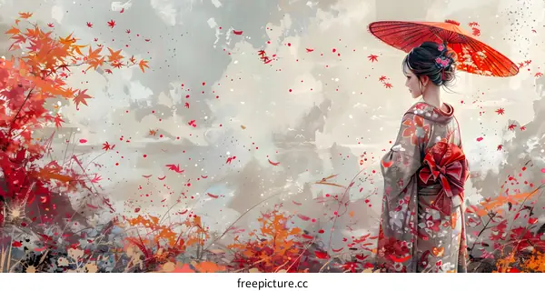 An Asian woman in a kimono is holding a red umbrella.