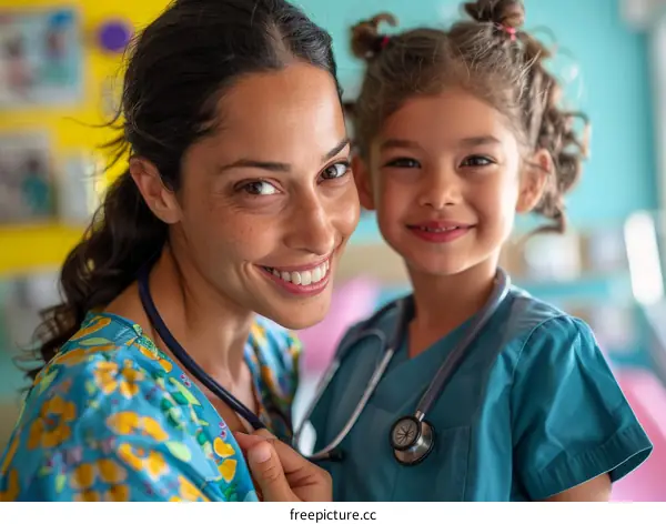 Hispanic female doctor with young girl dressed as a doctor