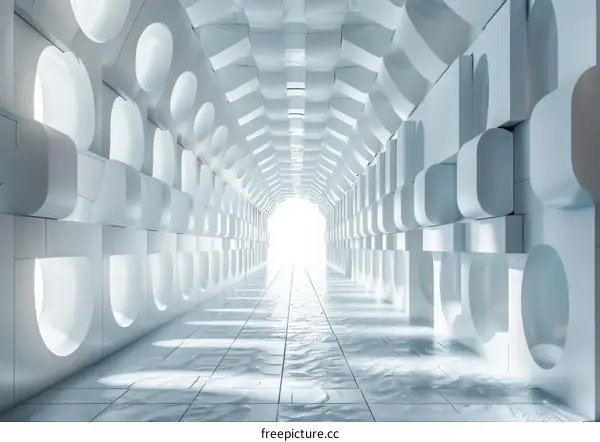 Futuristic tunnel made of white concrete with circular openings