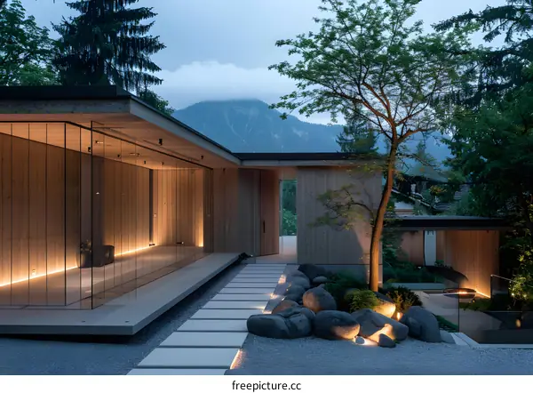 Modern Wooden House with Stone Garden and Mountain View