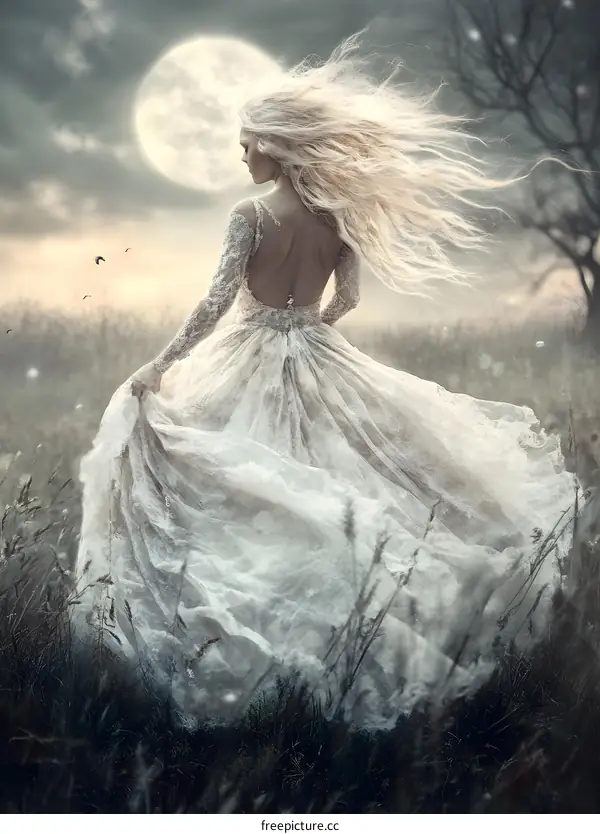 Woman in White Dress Walking in Field Under the Moon