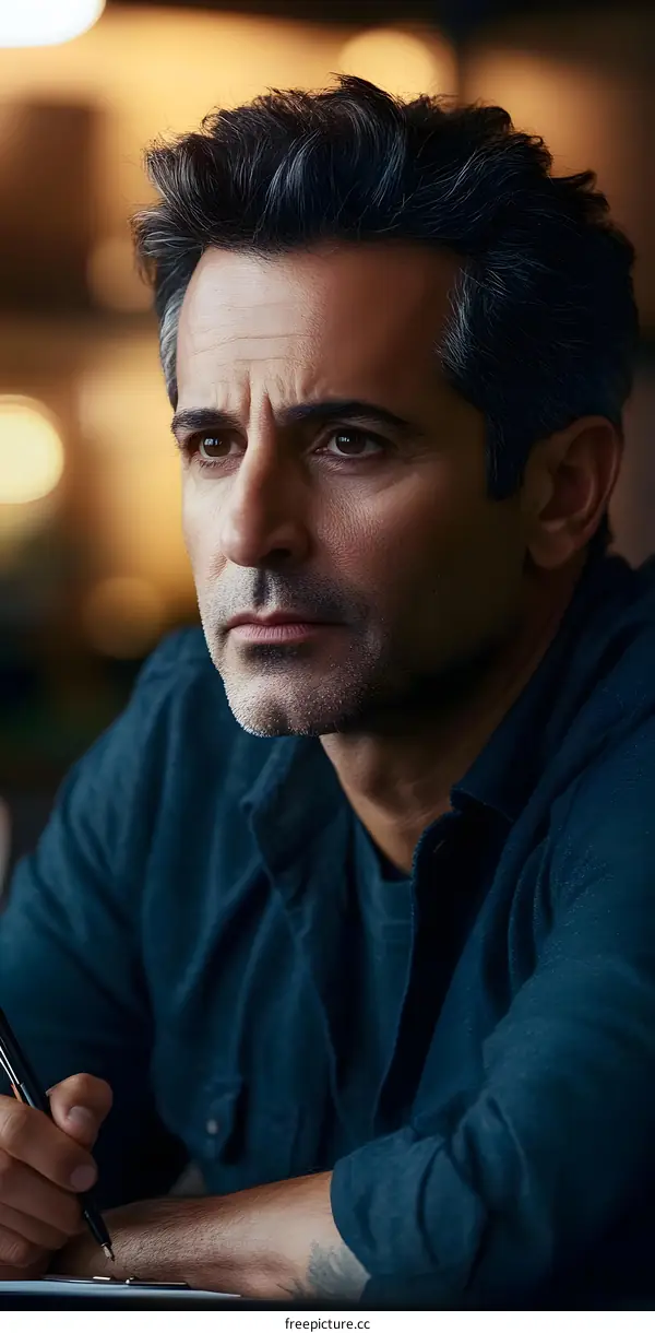 Thoughtful Man Sitting at a Table Writing with a Pen