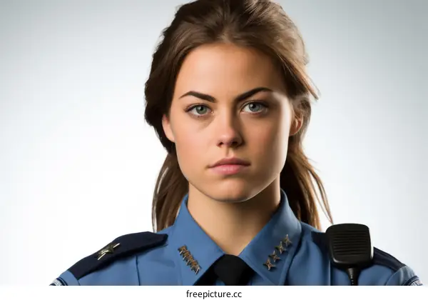 A policewoman with brown hair and green eyes is looking at the camera.
