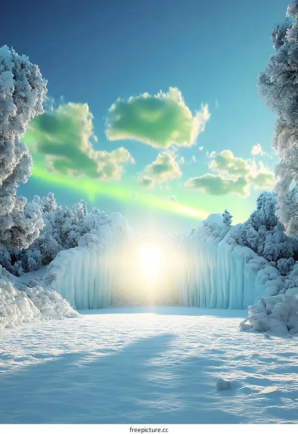 Frozen Waterfall in Winter Landscape with Aurora Borealis