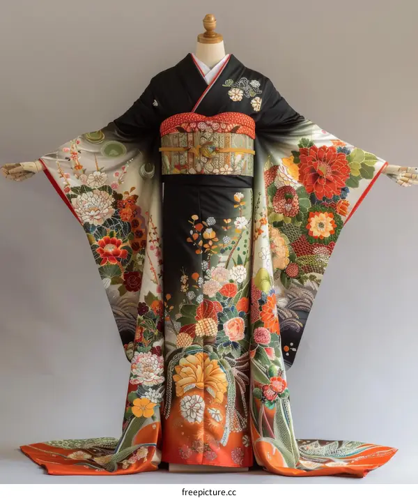 A woman wearing a black kimono with red and orange floral embroidery.