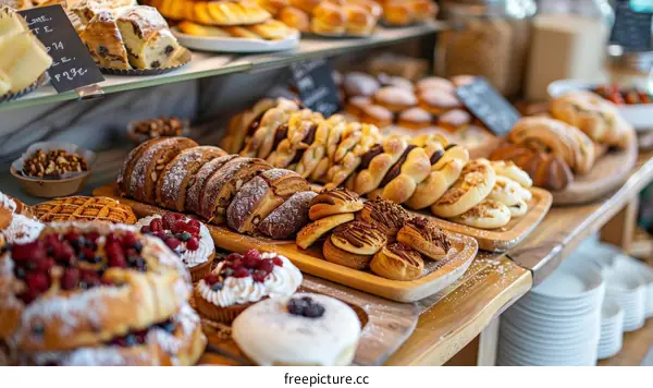 Various Pastries and Cakes on Display at a Bakery
