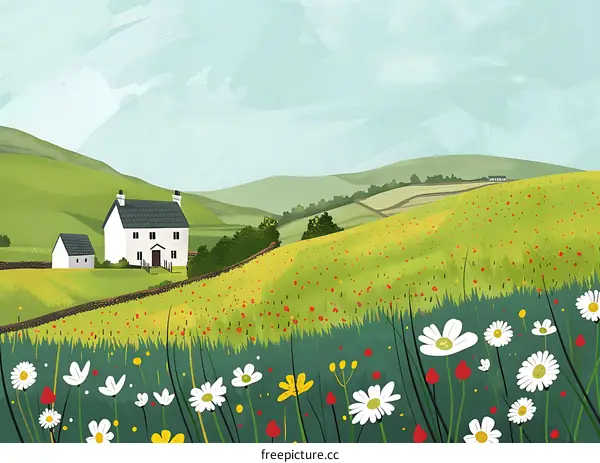 White House on a Green Hillside with Flowers