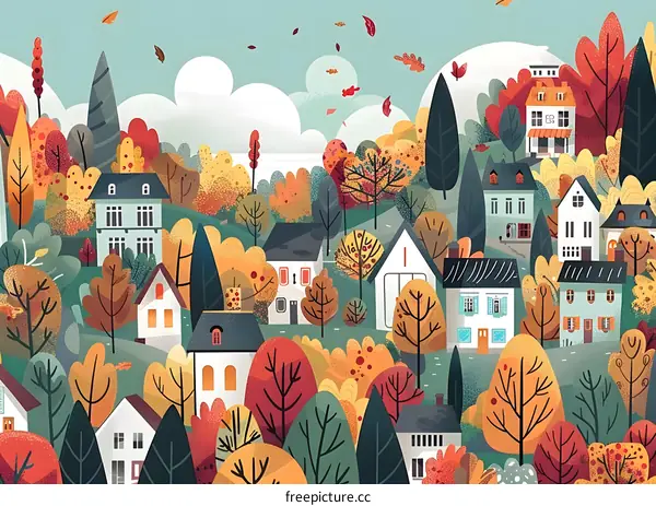 Autumn Village Illustration with Colorful Leaves