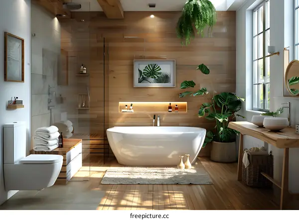 Wooden bathroom design and indoor green plants
