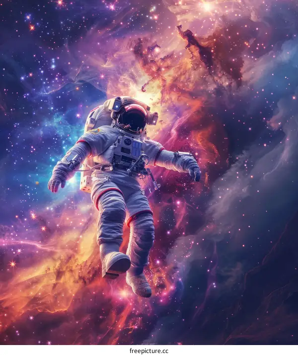 Astronaut Floating in Space Surrounded by Nebulae and Stars