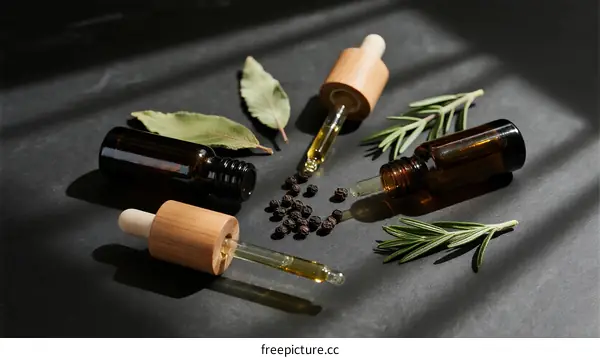 Essential Oils with Bay Leaves and Black Peppercorns on Dark Background