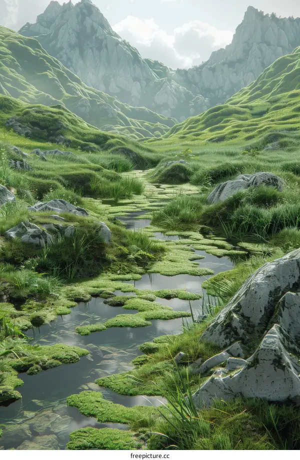 Small river meandering through lush green valley