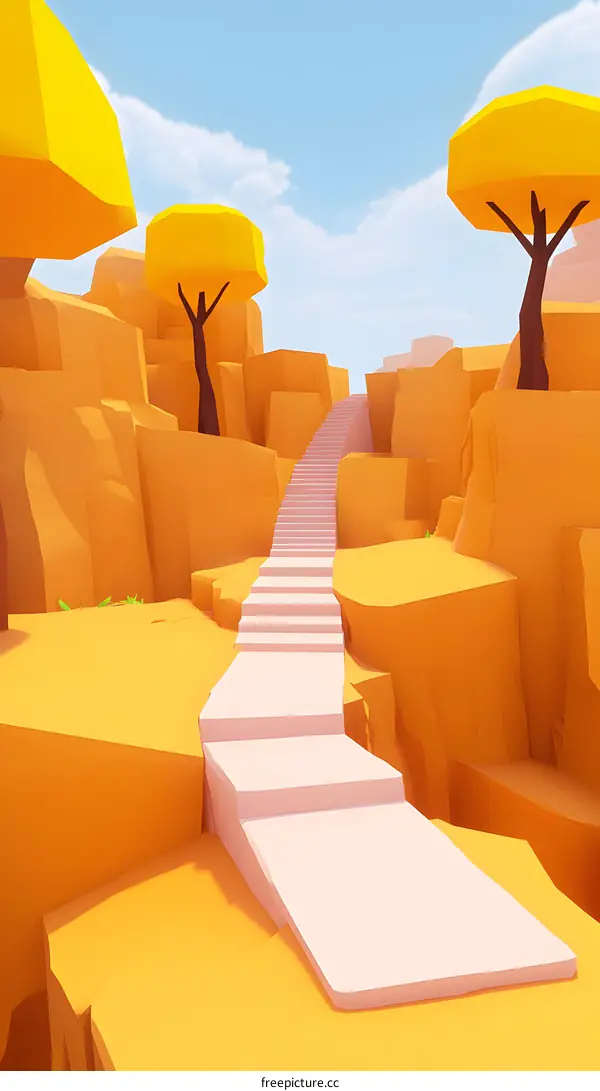 Low Poly White Stairs Leading Up a Mountain with Yellow Trees