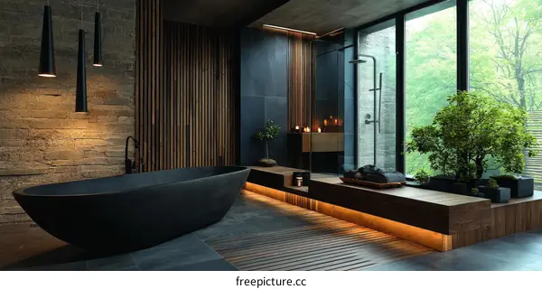 Modern Dark Wood Bathroom with a Luxurious Bathtub