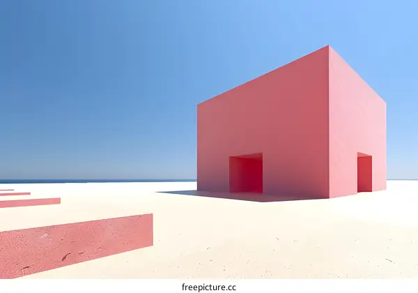 Minimalist Pink House on a Sandy Beach with a Clear Blue Sky