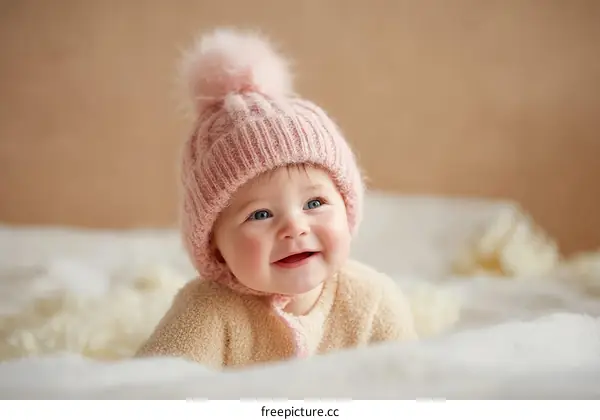 Adorable Baby Girl Wearing a Pink Knitted Hat