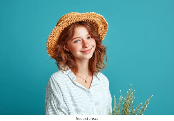 Young Woman in Straw Hat with Smiling Expression