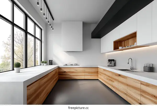 Modern Kitchen Interior Design with Large Windows