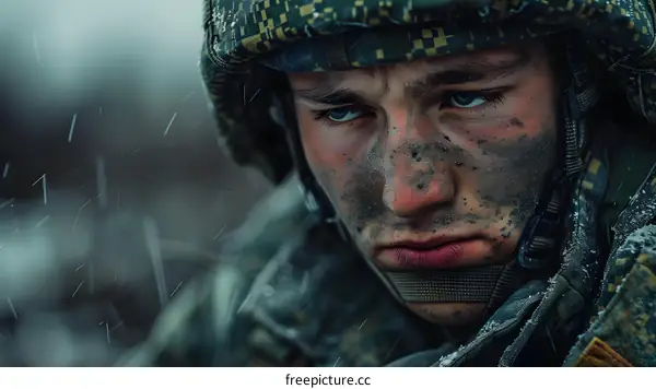 Portrait of a young soldier in the snow