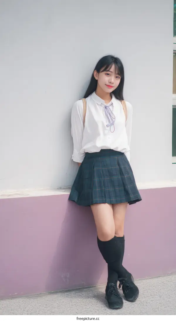 Young Asian Woman in School Uniform Posing Against Wall