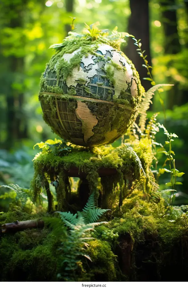 Moss covered globe in the middle of a lush green forest