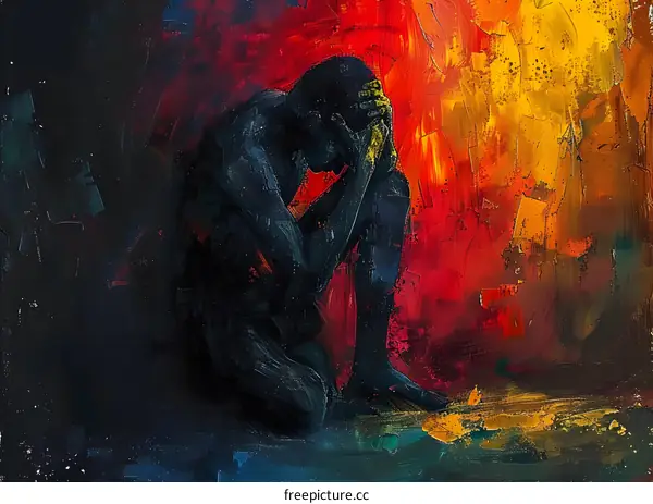 A dark skinned person is holding his head in his hands and is crouched in a dark place with a bright light in the background.